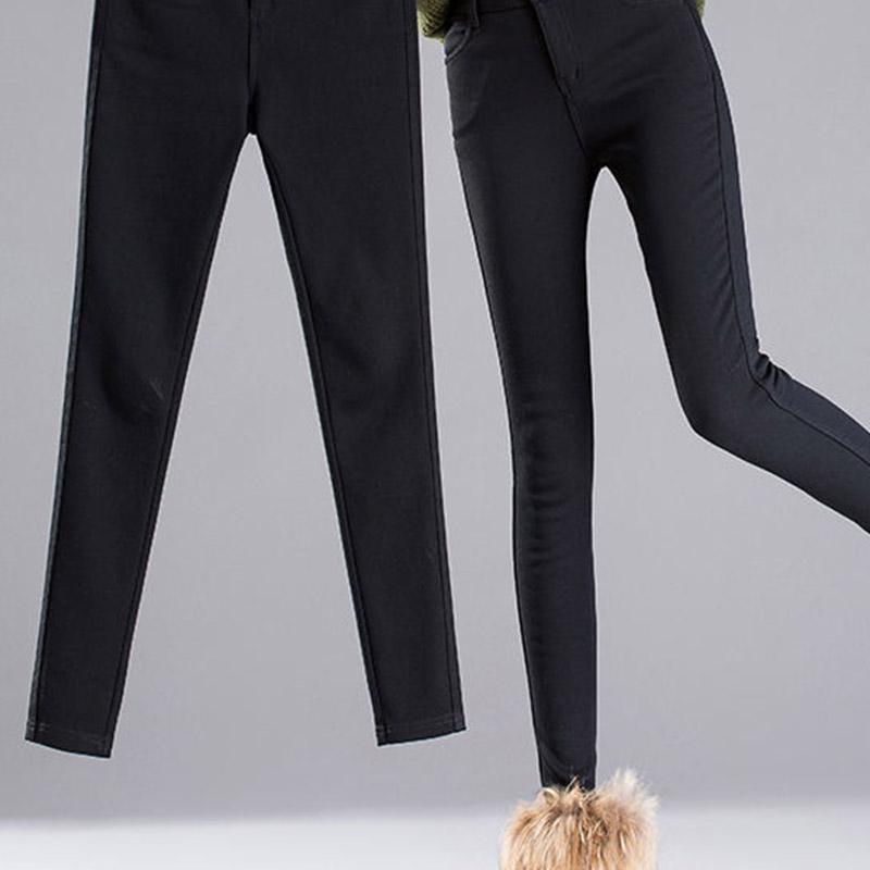 Double Button Winter Trousers Plus Velvet Leggings for Women's Outer Wear In Autumn and Winter High Waist Thin Black Pants Pencil Feet Warm Pants