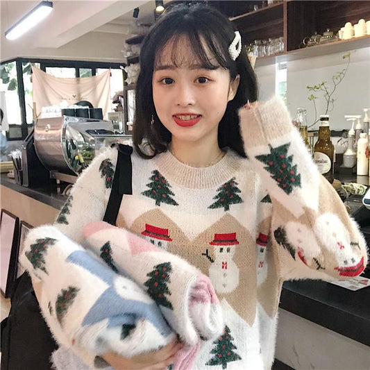Autumn and Winter Imitation Velvet Printed Christmas Sweater Female Loose Head Sweet Sweater