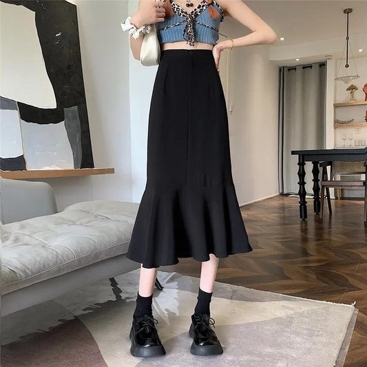 Ruffled Skirt Women's Summer High Waist Slim Mid-length A-line Skirt Solid Color Irregular Edge Fishtail Skirt