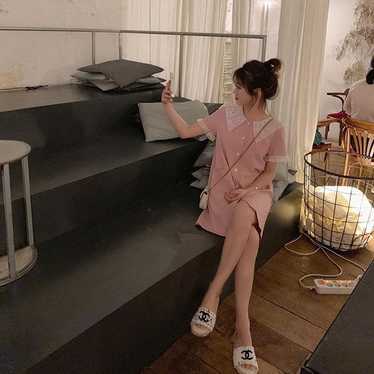 Female Simple Elegant Thin Lace T-shirt Dress Super Fairy Slim Graceful Party Doll Collar Dress Summer