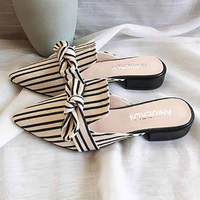 Sandals and Slippers Women's Outer Wear Spring and Summer Square Toe Korean Version of Thick with Bows All-match Lazy Half Slippers