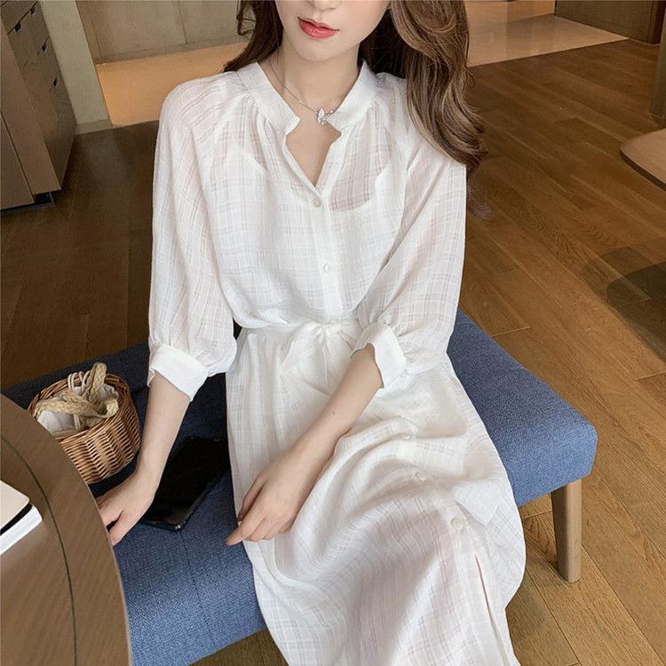 Women's Summer Fall T-shirt Dress Stand-up Collar Cotton and Linen Stand-up Collar Buttons Waist Belt White Dress