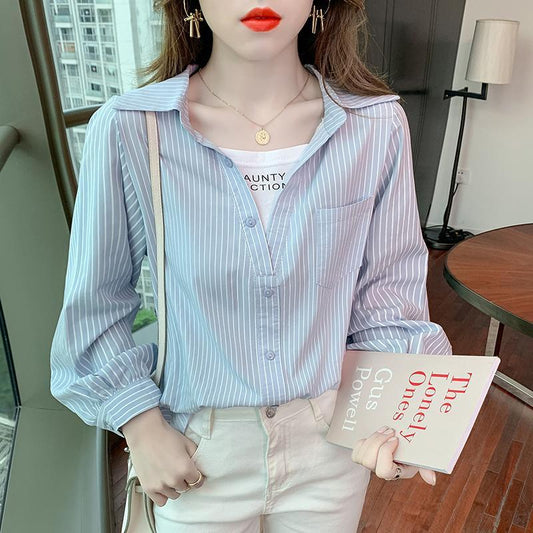 Striped Shirt Women's Spring Fake Two-piece Printed Loose All-match Long-sleeved Blouses