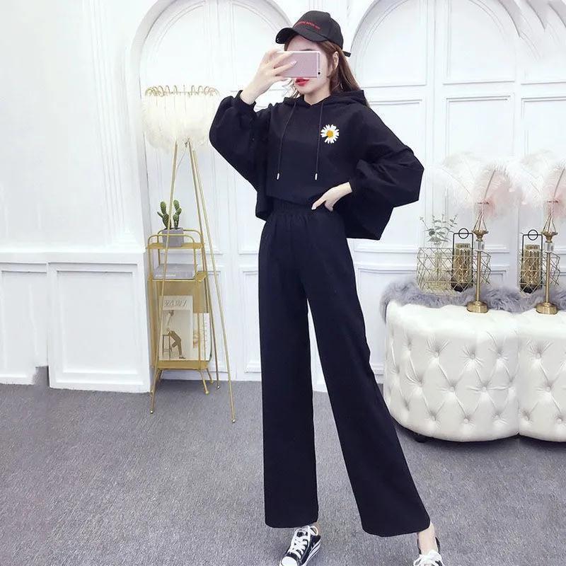 Casual Two-piece Women's Hooded Long-sleeved Hoodie Loose Wide-leg Trousers Sports Suit Sweat-absorbent Breathable and Comfortable