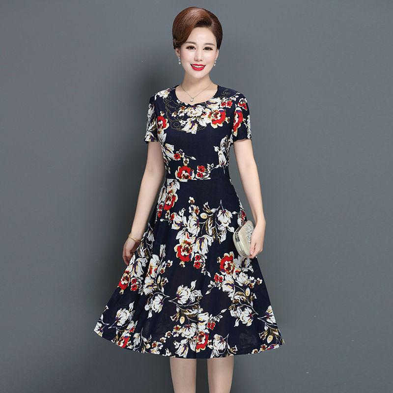 XL-XXXXXL Plus Size Women Summer Mid-length Printed Over-the-knee Dress Short Sleeve Mom A-line Skirt