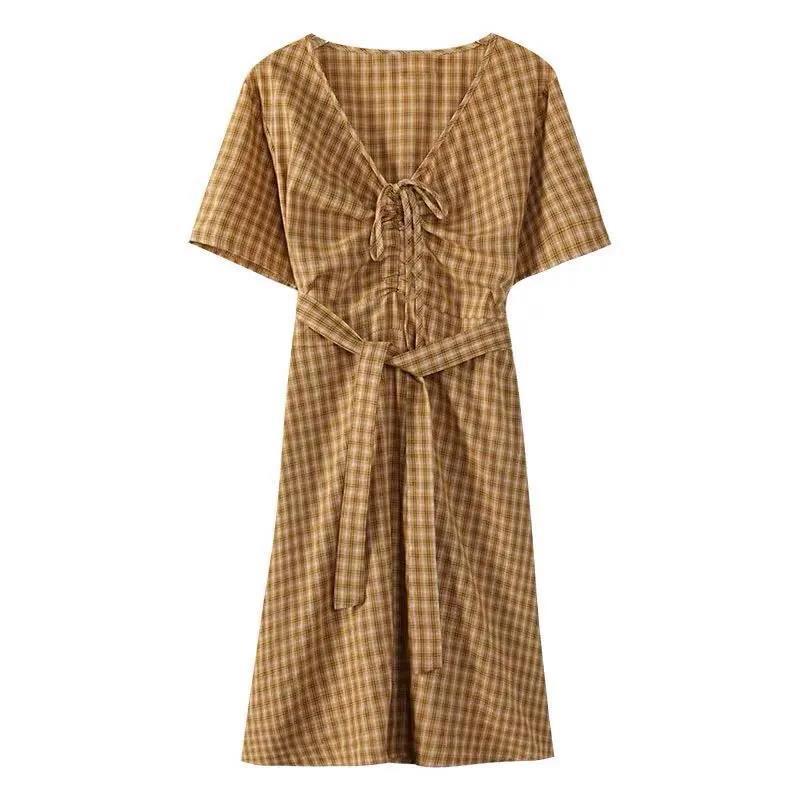 Plaid Dress Women's Cotton linen Summer Short Sleeve V-Neck Knee-length Dress Daily Wear Office Party