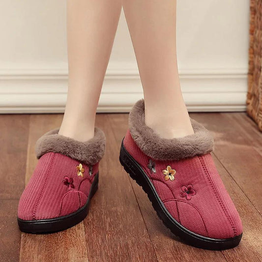 Cotton Shoes Women Winter Plus Velvet Embroidery Thickening Warm Plush Cotton Shoes Flat Windproof Non-slip Shoes