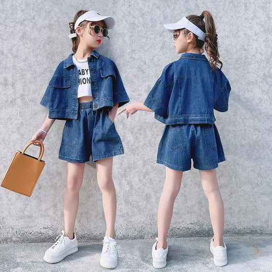 Girls' Suit Summer Clothes Children's Net Red Thin Denim Loose Korean Style Children's Clothes