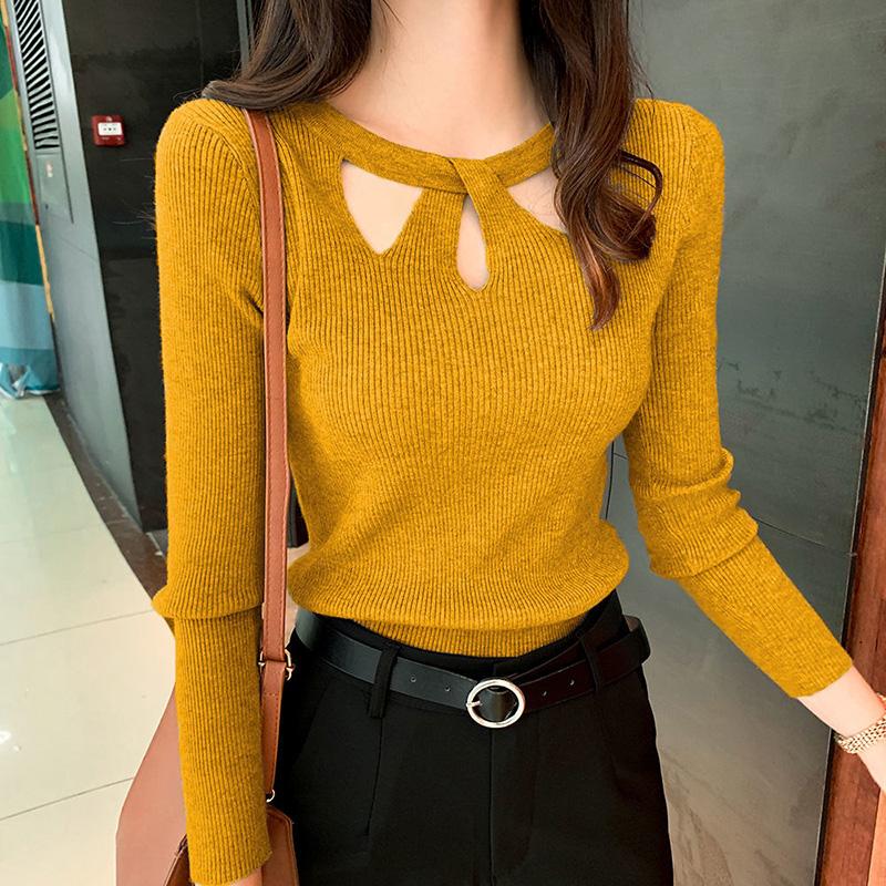 Early Autumn Hollow Sweater Knit Sweater Women Winter Korean Style Slim Sexy Long-sleeved Stretch Bottoming Shirt Women's Top
