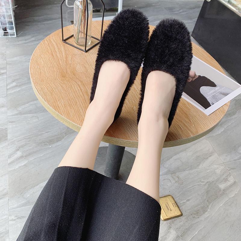 Shallow Mouth Peas Shoes Women Plus Velvet Autumn and Winter Shoes Moccasins Flat Bottom Plus Velvet One-pedal Plush Shoes Women