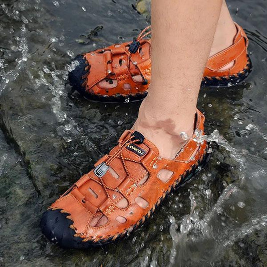 Men's Genuine Cowhide Leather Toe Sandals Outdoor Casual Sandals Beach Shoes Hole Sandals Roman Shoes Waterproof Sport Sandals