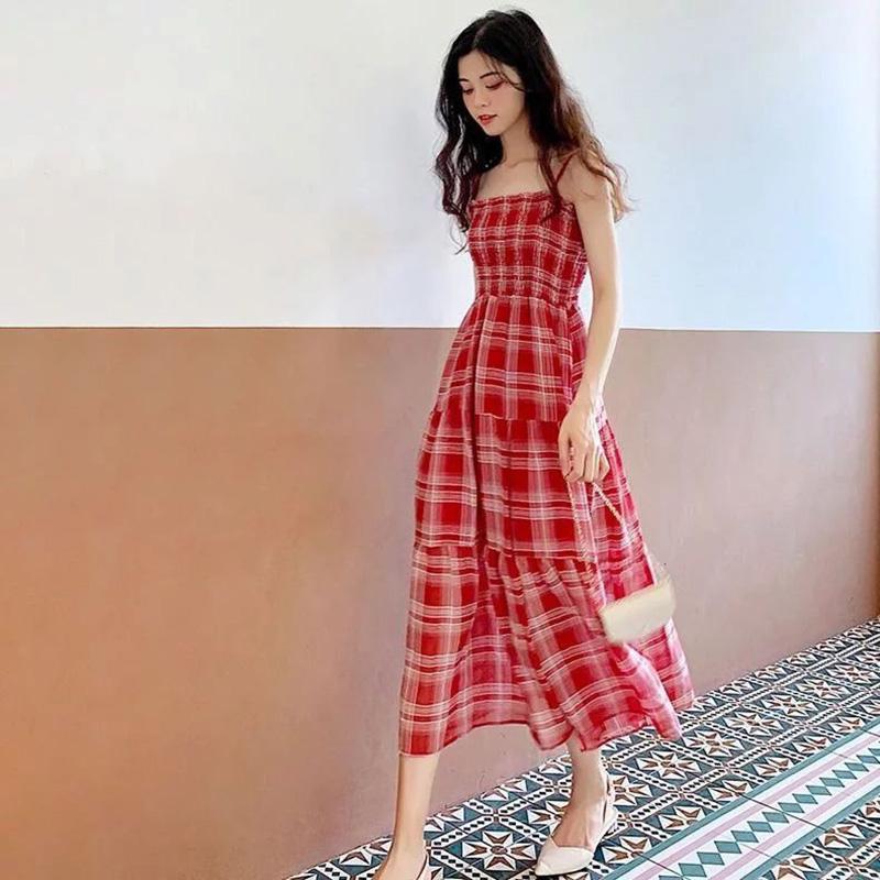 One Piece Women A-line Lattice Skirt Sling Dress Mid-length Chiffon Veil Sleeveless Ruffled Folds Tube Top Party Dress
