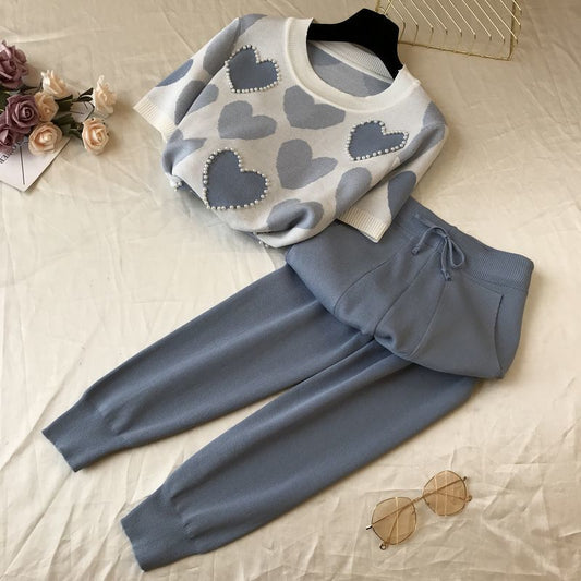 2pcs/set Knitted Set Women Beading Short Sleeve Sweater Tops+Elastic Waist Pants 2piece Set Casual Tracksuit Elegant Outfits