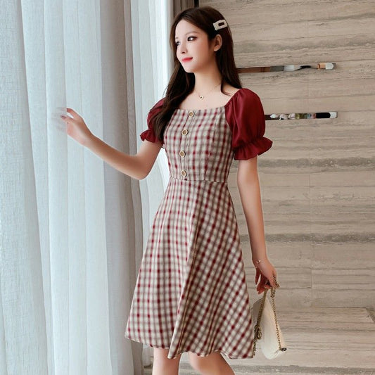 Checkered Bellflower Dress with Square Neck Waist Women's Dress