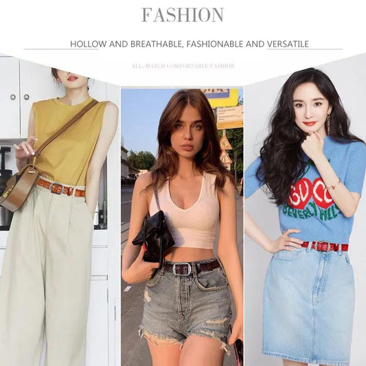 Women's Hollow Pin Buckle Leather Belt Casual Pants Belt Student Fashion Cowhide Belt Women's White Belt Black Waist Belts