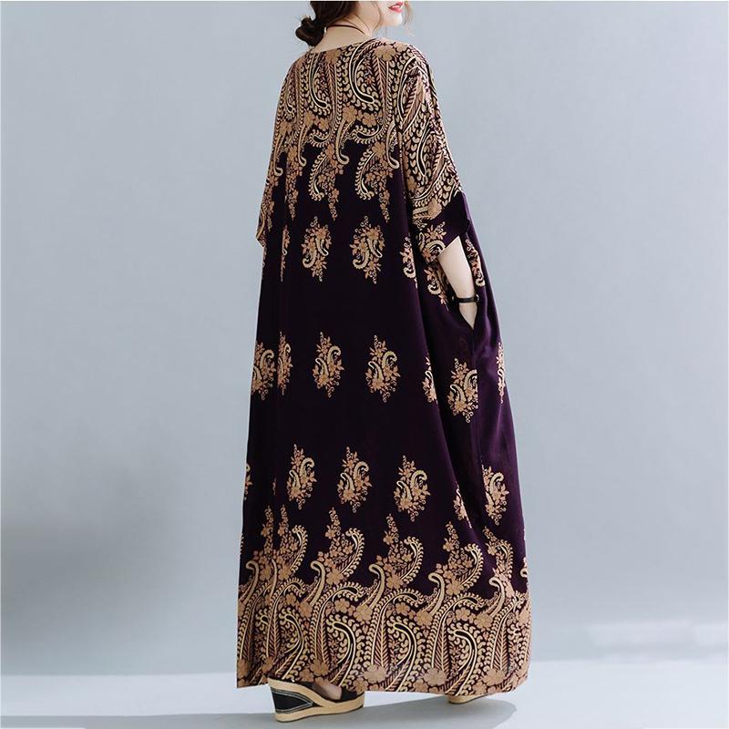WTEMPO Plus Size Women Dress Summer Short Sleeve Round Neck Long Dress Casual Full Length Bohemia Long Robe