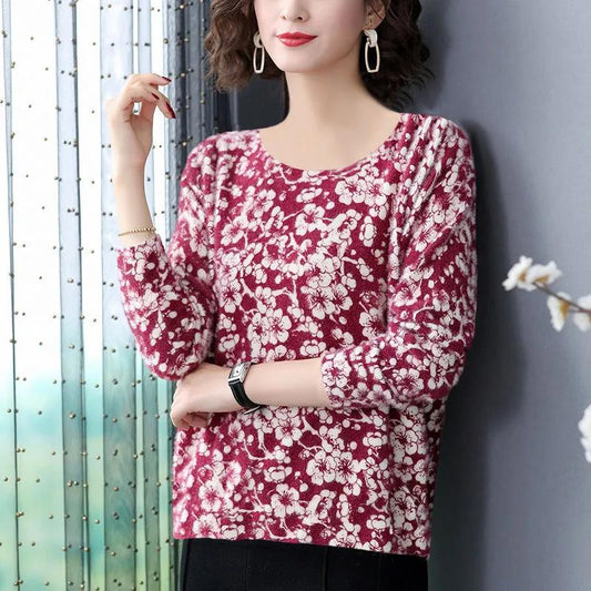 Spring and Autumn Mother Round Neck Long-sleeved T-shirt Women Floral Slim Top Women