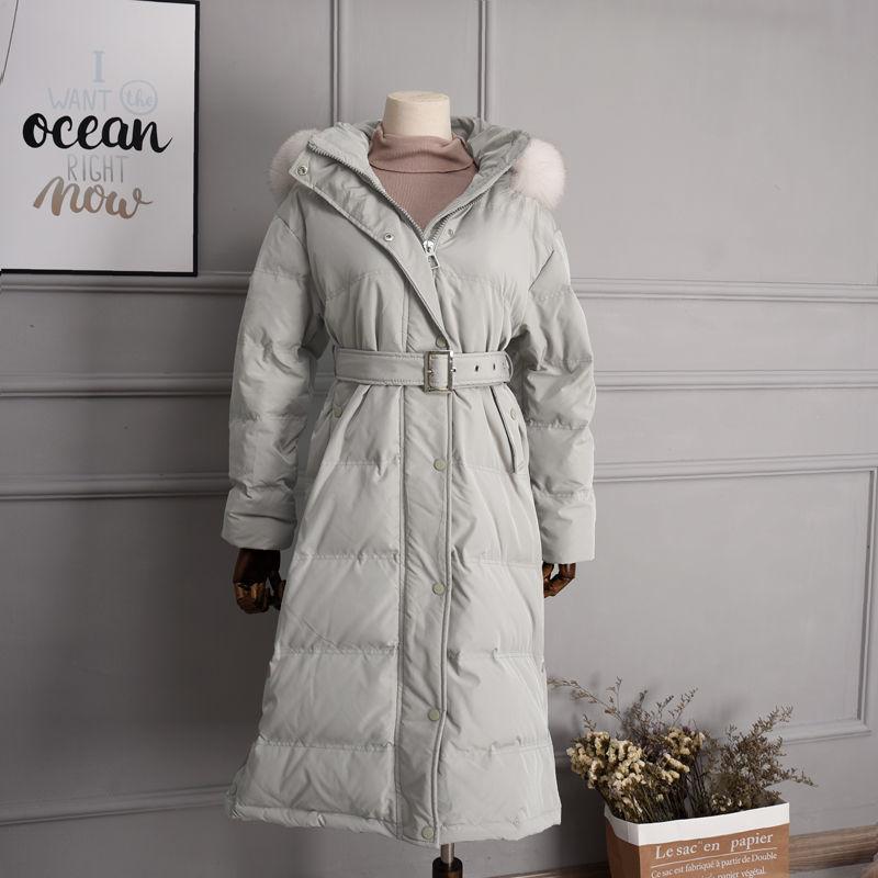 Korean Style White Duck Down Long Section Knee-waisted Real Fox Fur Big Fur Collar Down Jacket Women Trendy