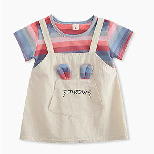 Children Dress Spring Summer O-neck Kids Clothing Baby Girls Clothing Printing Short Sleeve Fake Two Dress Girl