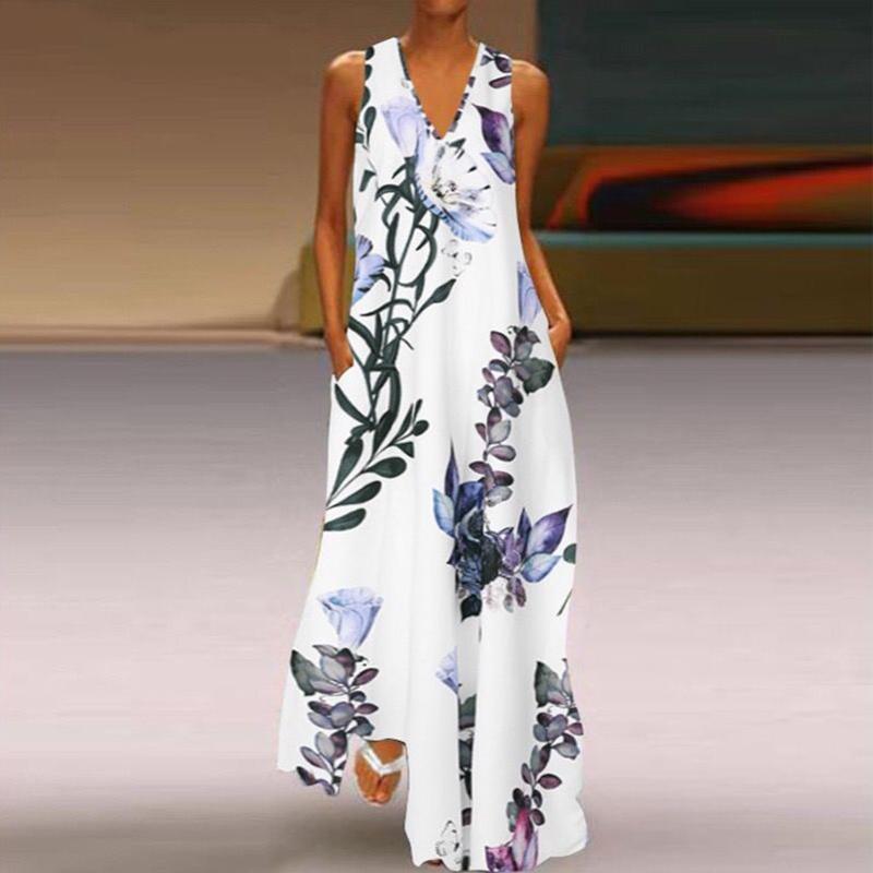 S-XXXXXL Large Size Women's Clothing Loose V-Neck Sleeveless Exquisite Print Long Dress