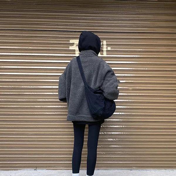 Winter Retro Japanese Loose Composite Plus Velvet Thick Gray Lamb Velvet Padded Jacket Cotton Woolen Coat