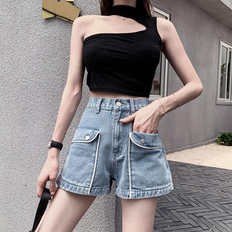 WTEMPO Big Pocket High Waist Denim Shorts Women Loose Spring and Summer Wide Leg A-line Casual Shorts