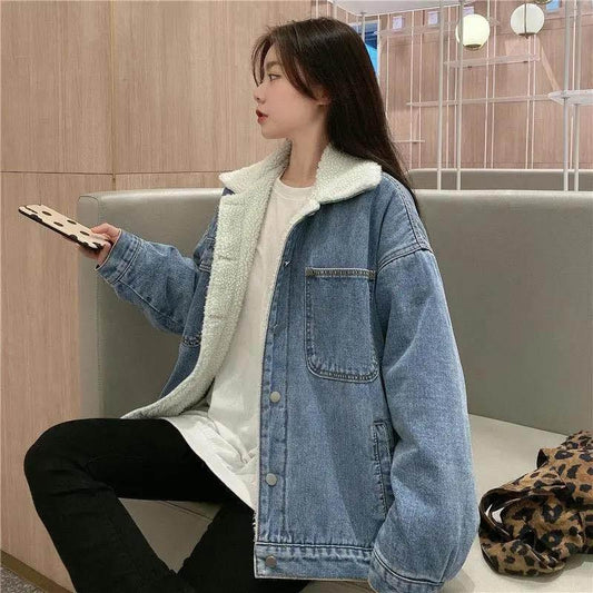 Women's Thick Denim Jacket Autumn and Winter Korean Style Wild Mid-length Lamb Hair Plus Velvet Cotton Clothes Women