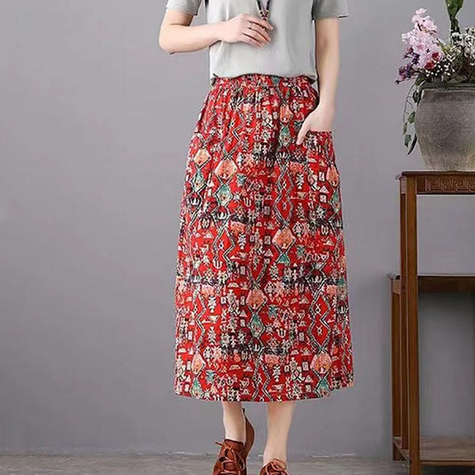 Woman Skirts Female Elastic High Waist Printed Skirt Summer Breathable A-line Skirts Vintage Color Matching Mid-length Skirt