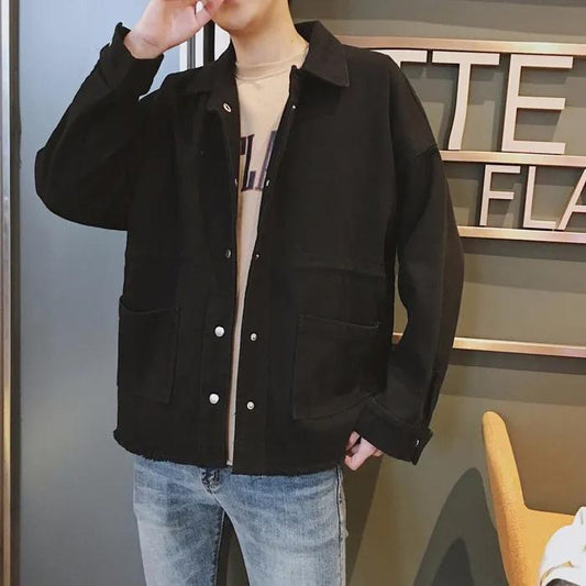 Solid Color Cotton Lapel Work Jacket Men's Loose Korean Style Trend All Match Casual Cardigan Jacket Sweatshirt