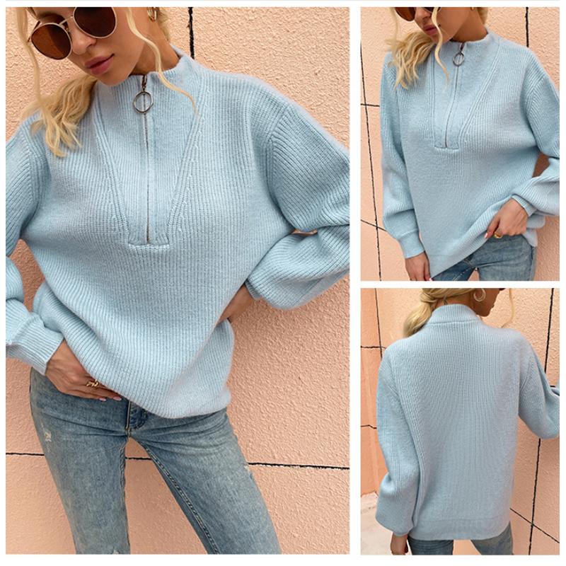 Women Sweater Autumn Tops for Women Solid Zipper V Neck Knitted Sweaters Women Clothing Female