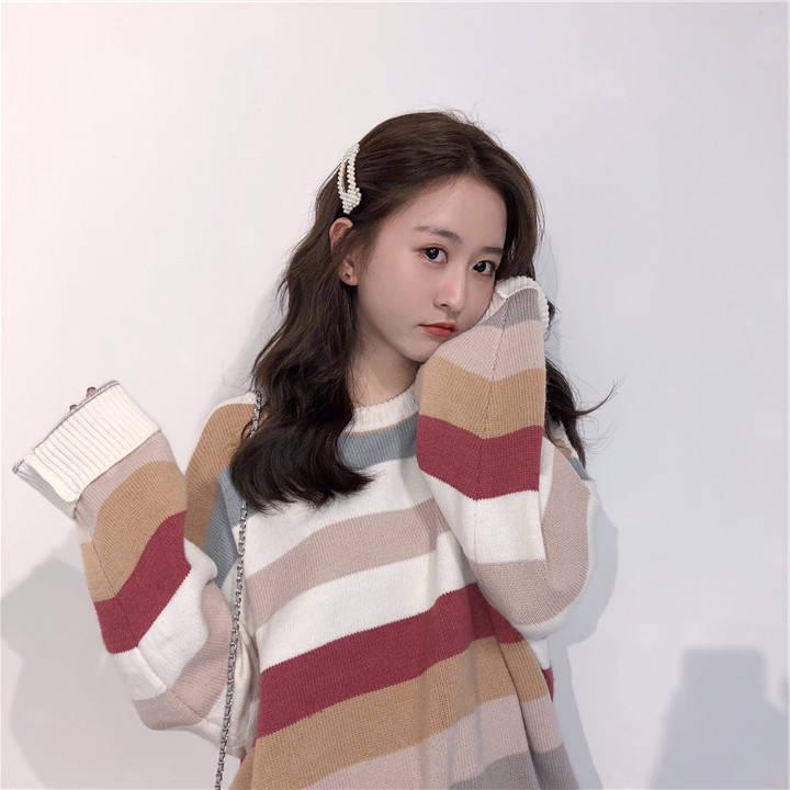 Pofulove Loose Pullover Sweater Women Autumn Winter Cute Colored Striped Knitted Sweater Student