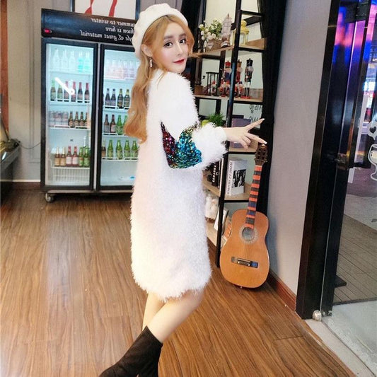 Autumn and Winter Fashion Loose Coat Half High Neck Sequined Tassel Sweater Mid-length Base Dress Women