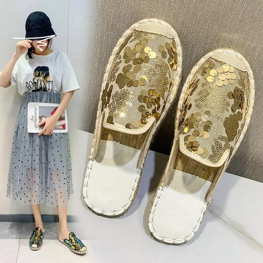 Baotou Half Slippers Female Summer Flat-bottomed Lazy One-step Outside Wear Net Red Sequin Fisherman Sandals and Slippers