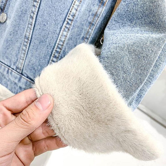 Loose and Versatile Furry Jacket Women Casual Single-breasted Two-sided Denim Jacket Ladies Warm Jacket Plus Fleece Denim Jacket