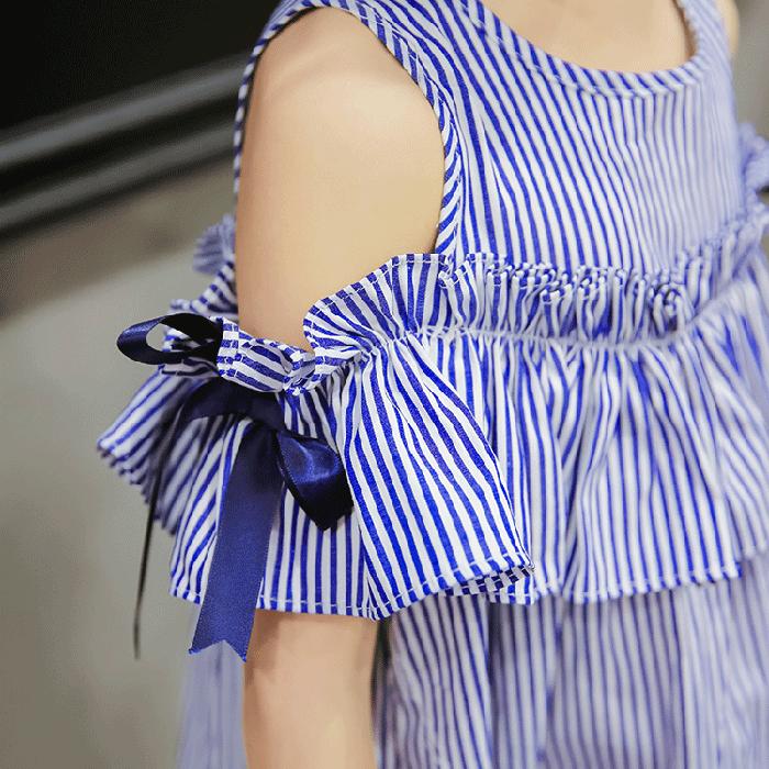Summer Toddler Kids Baby Girls Lovely Clothes Blue Striped Off-shoulder Ruffles Party Gown Formal Dresse