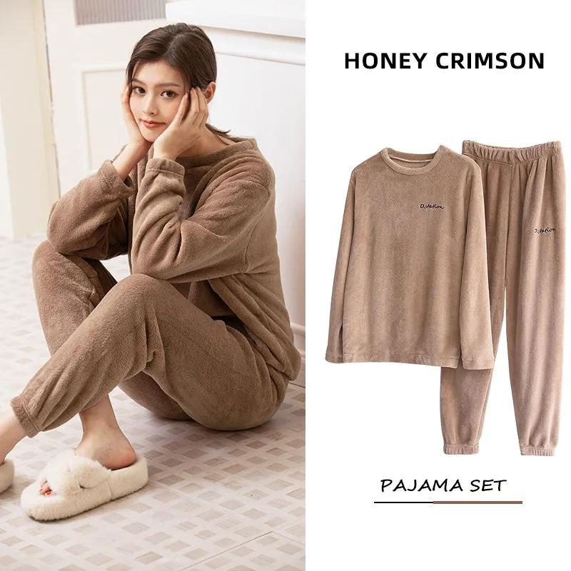 Pajamas for Women Men Coral Fleece Pyjamas Set Autumn Winter Sleepwear Suit Flannel Home Wear Loose Casual Velvet Warm Top and Pants Sets Long Sleeve