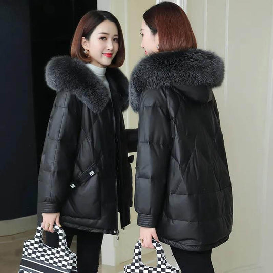 Women's Mid-length Down Cotton-padded Fur Jacket with Faux Sheep Fur and Fox Fur Collar