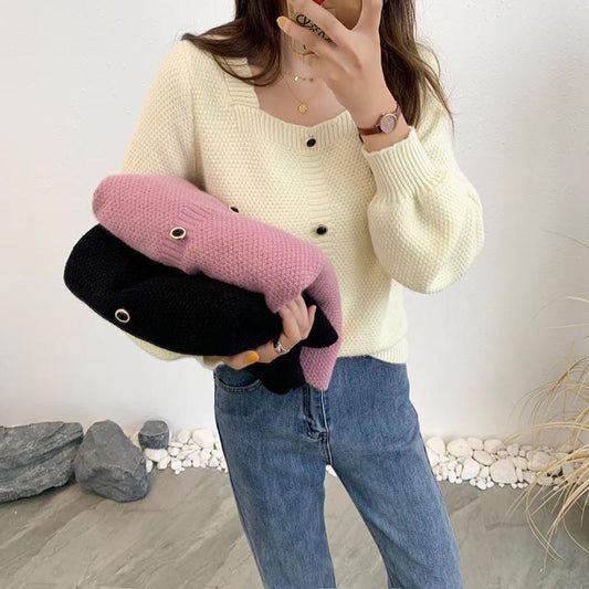 Spring, Autumn and Winter Outer Wear Square Neck Long-sleeved Pullover Sweater Women Loose and Thin Short Knit Sweater Women's Top All-match