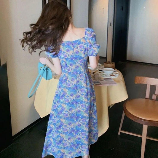 Elegant Purple Bubble Sleeves for Women In Spring and Summer with Split Air and Fragmentary Chiffon Long Dress