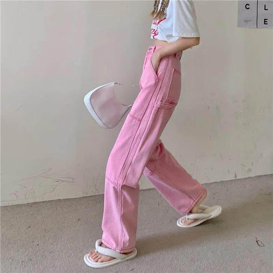 Pink Jeans Female Spring and Autumn High Waist Loose Thin Pink Wide-leg Pants Small Design Sensation Straight Trousers