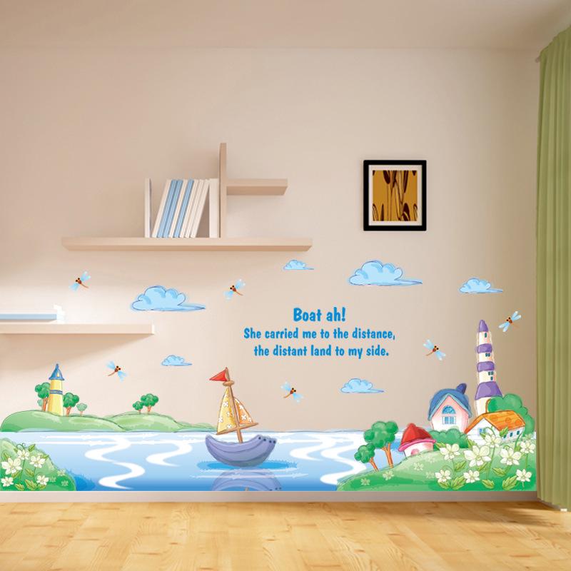 Waistline stickers baseboard bathroom ocean lake boat blue sea wallpaper