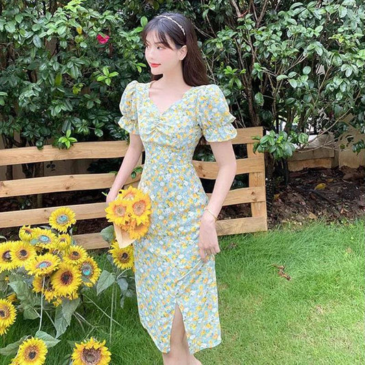Women's Summer Long Dress Puff Sleeve Floral V-Neck Dress