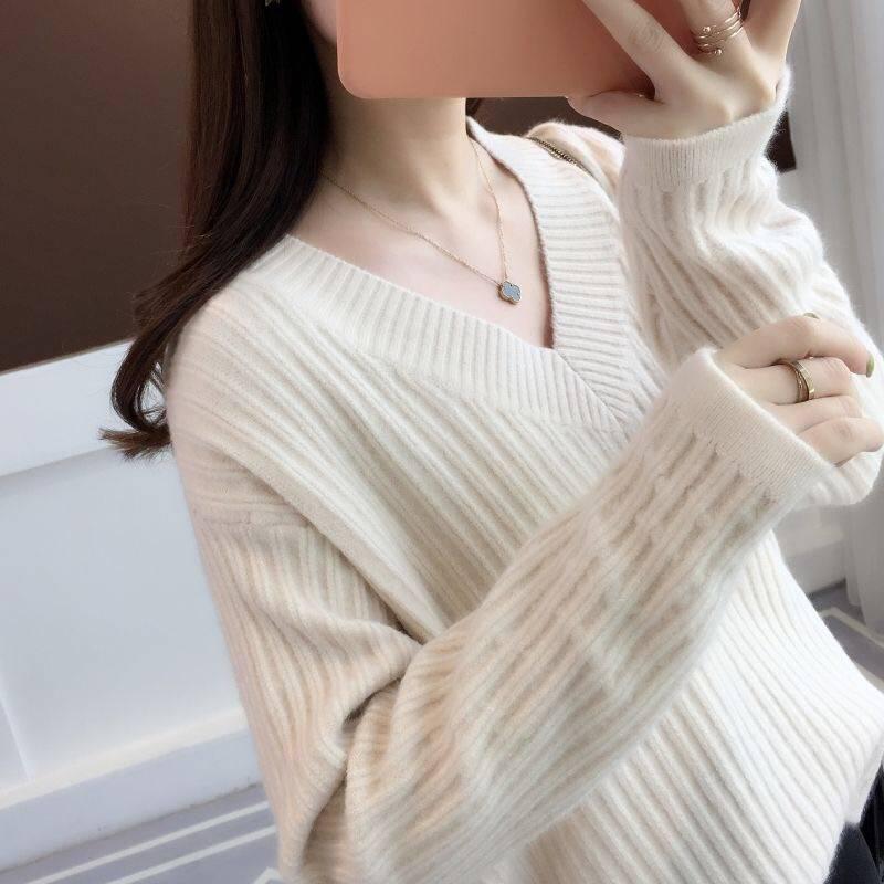 Loose Casual Thicken Sweater Women Trend Simple V-neck Solid Color Pullover Multicolor Sweater