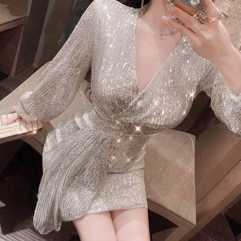 Women's V-neck Dress Long Sleeve Dinner Sexy Bag Hip Dress Charming Leisure Comfortable Stylish