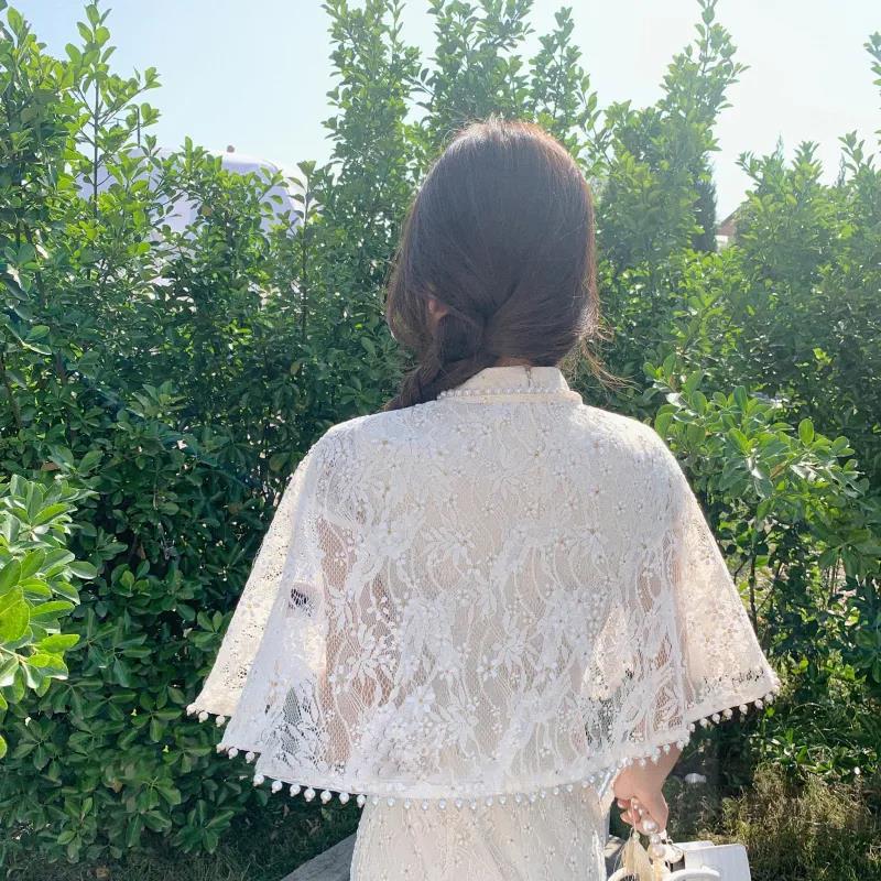 Pearl Trim Lace Cardigan Women Sun Protection Summer Short Solid Color Thin Shawl 1 PCS Elegant Cardigan