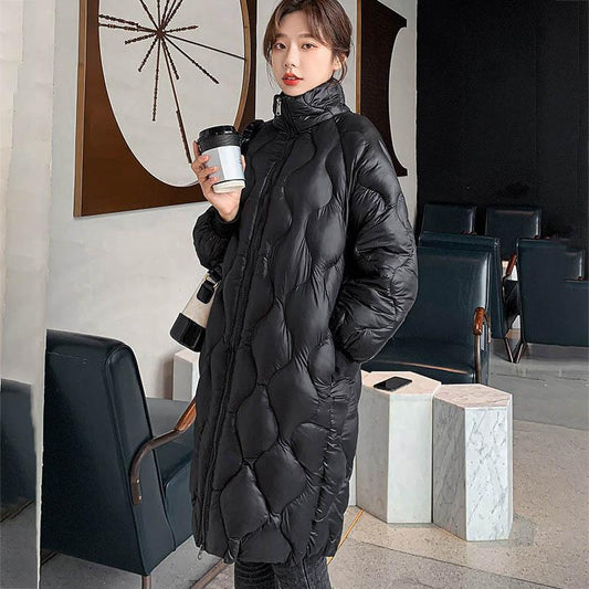 Women's Mid-length Cotton-padded Jacket with Stand-up Collar and Winter Shiny Face Over The Knee