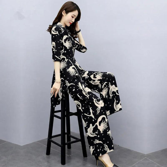 Black Suit Women's Summer Two-piece Suit Slim Wide-leg Pants + Long-sleeved Shirt Temperament Printed Suit Suit Women