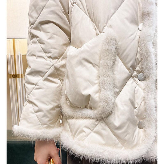 Mink Fur Down Jacket Women's Short Loose and Thick White Duck Down Warm Jacket