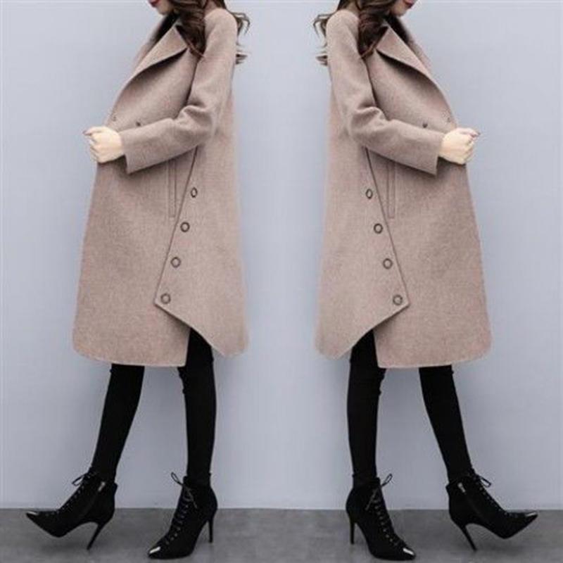 Womens Winter Turn-down Collar Lapel Wool Cashmere Coat Trench Jacket Long Parka Overcoat Outwear