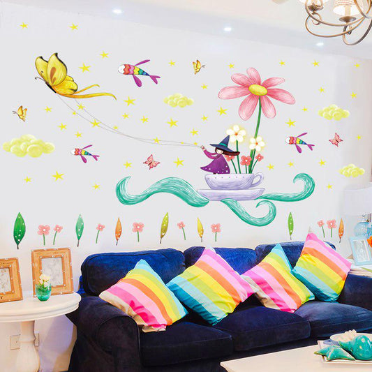 Cartoon Fly Witch Butterfly Flowers Fish Wall Stickers for Kids Rooms Kitchen Bathroom